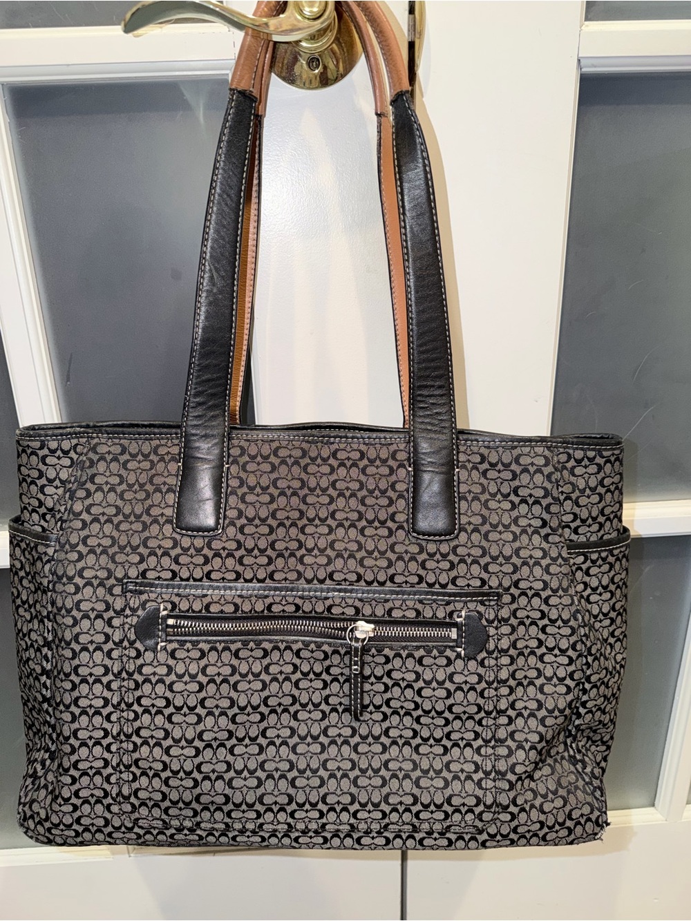 Coach Black and Brown Signature Baby Tote with Front Zip